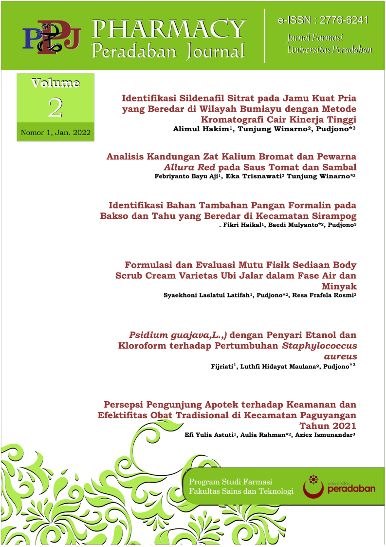 					View Vol. 2 No. 1 (2022): Pharmacy Peradaban Journal (Pharm. PJ): Jurnal Farmasi Universitas Peradaban
				