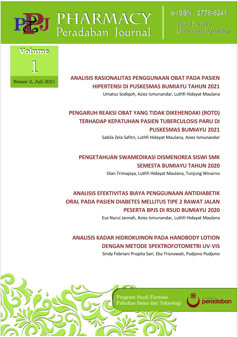 					View Vol. 1 No. 2 (2021): Pharmacy Peradaban Journal (Pharm. PJ): Jurnal Farmasi Universitas Peradaban
				