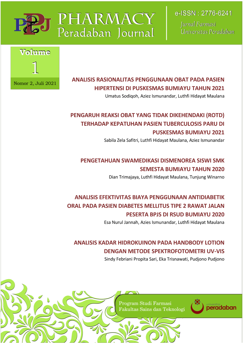 					Lihat Vol 1 No 2 (2021): Pharmacy Peradaban Journal (Pharm. PJ): Jurnal Farmasi Universitas Peradaban
				