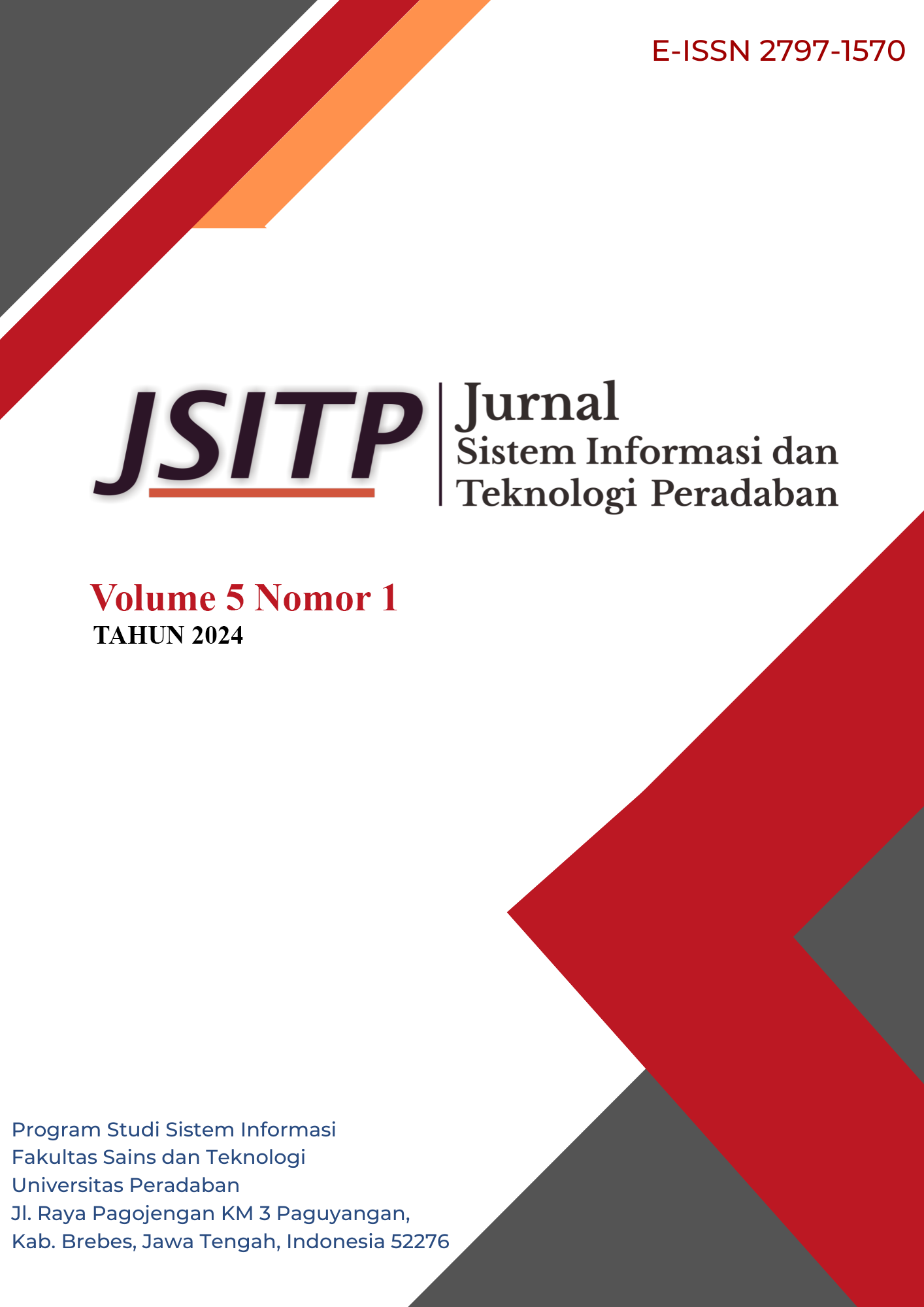 					View Vol. 5 No. 1 (2024): Jurnal Sistem Informasi dan Teknologi Peradaban (JSITP)
				